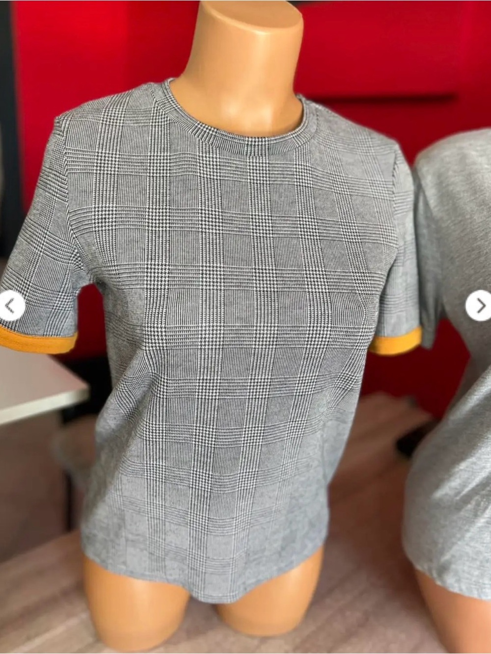 Zara Trafaluc Gray Plaid Short Sleeve Top with Mustard Trim